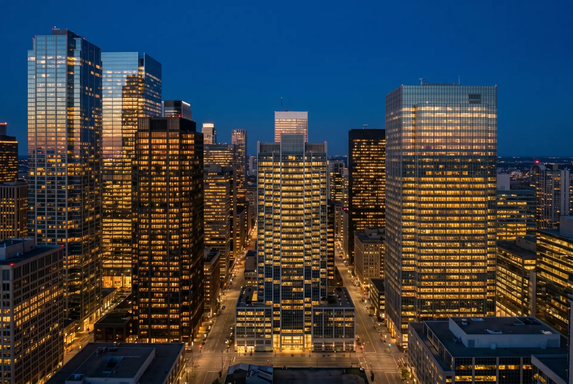 Financial district skyline at dusk